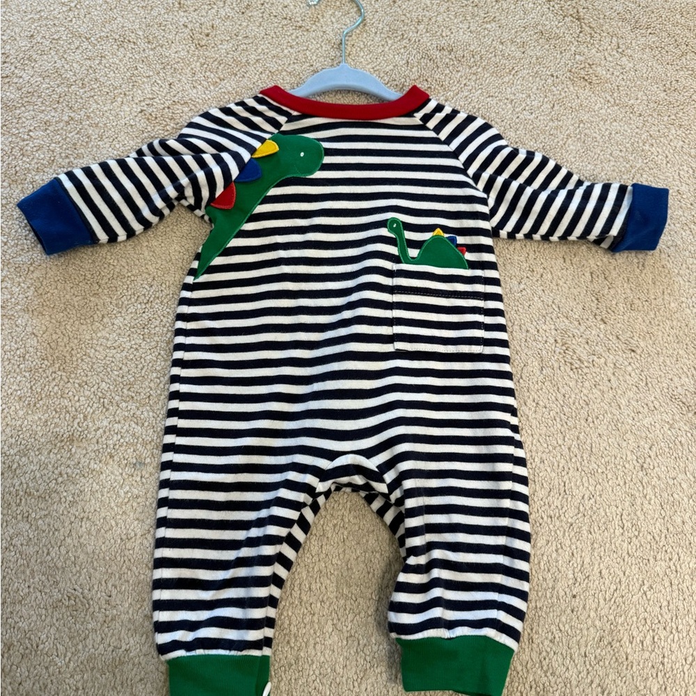 Florence Eiseman Navy & White Striped Dino Footie with Green Accents